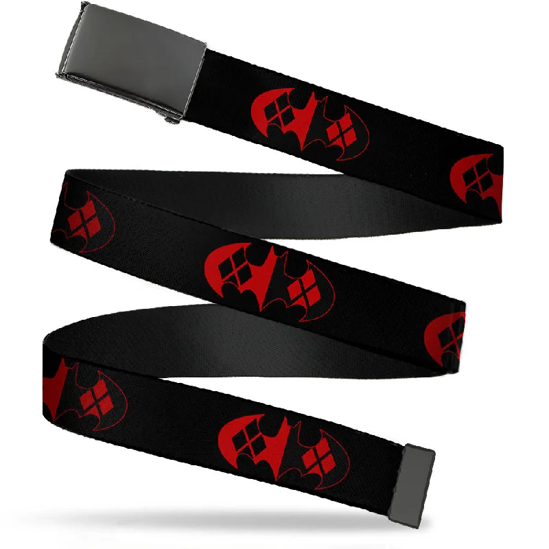 Black Buckle Web Belt - Bat Logo/Harley Quinn Diamonds Black/Red Webbing