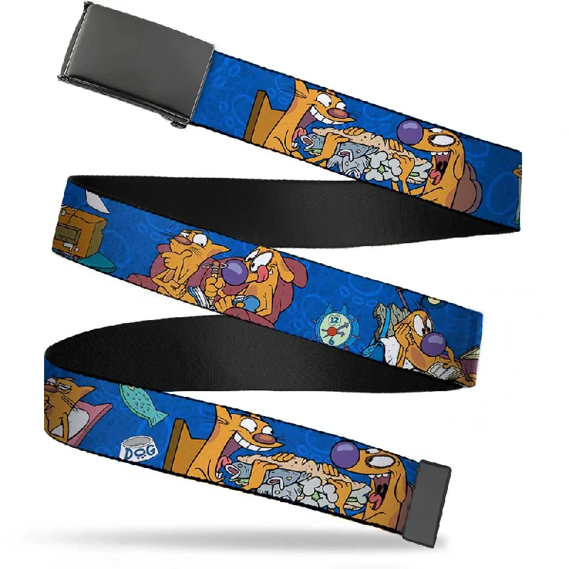 Black Buckle Web Belt - CatDog Hanging Out Poses Blue Webbing