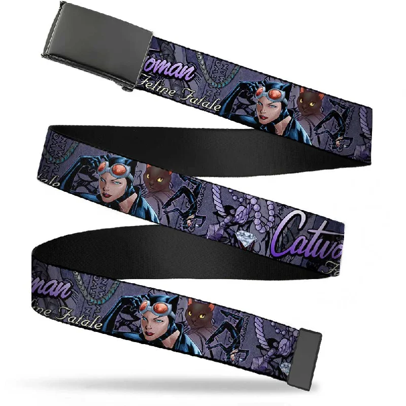 Black Buckle Web Belt - CATWOMAN-NINE LIVES OF A FELINE FATALE Pose2/Jewelry/Black Cat Purples Webbing