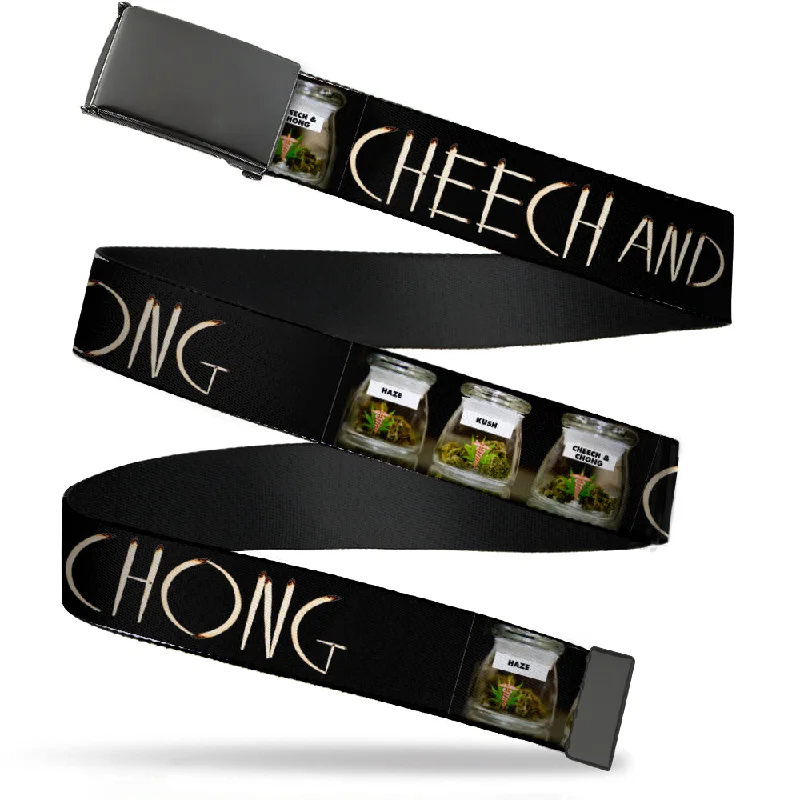 Black Buckle Web Belt - CHEECH AND CHONG Joints Text/3-Vivid Weed Jars Black Webbing