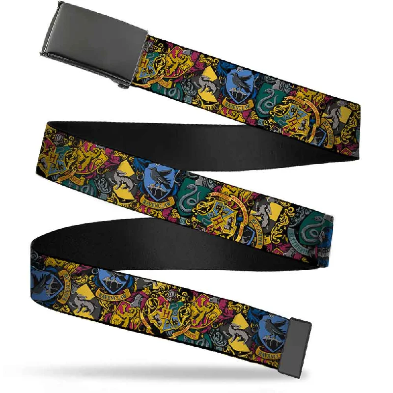 Black Buckle Web Belt - Harry Potter Hogwarts & 4-House Crests Stacked Webbing