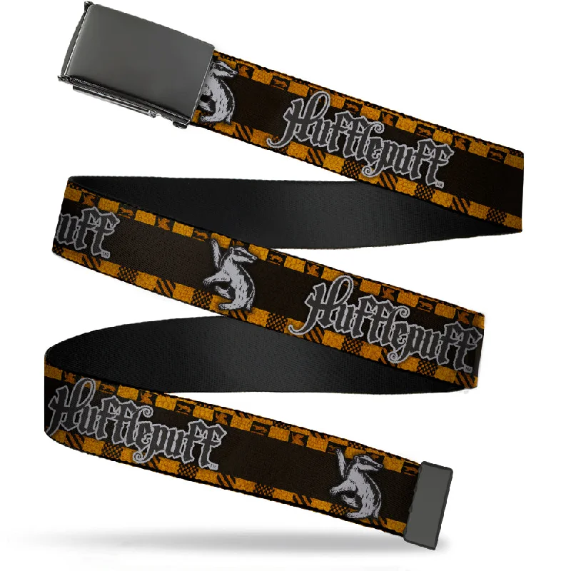 Black Buckle Web Belt - Harry Potter HUFFLEPUFF/Badger Checker Stripe Grays/Golds/Black/White Webbing