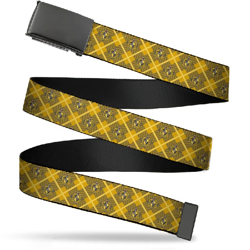 Black Buckle Web Belt - Harry Potter Hufflepuff Crest Plaid Yellows/Gray Webbing