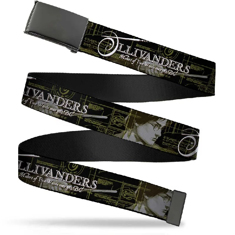 Black Buckle Web Belt - Harry Potter Wand Pose/OLLIVANDERS-MAKERS OF FINE WANDS Black/Browns/Golds Webbing