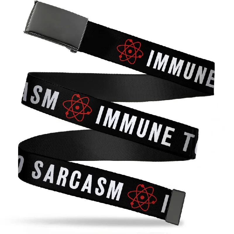 Black Buckle Web Belt - IMMUNE TO SARCASM/Atom Black/White/Red Webbing