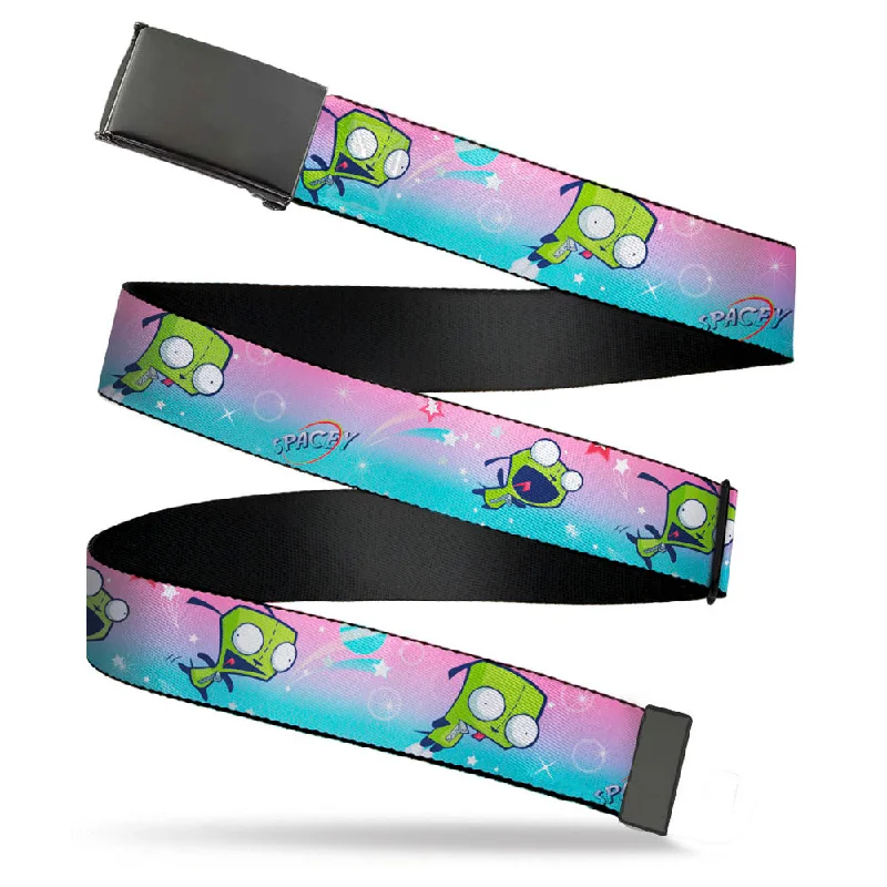 Black Buckle Web Belt - Invader Zim GIR Flying SPACEY Poses and Stars Pinks/Blues Webbing