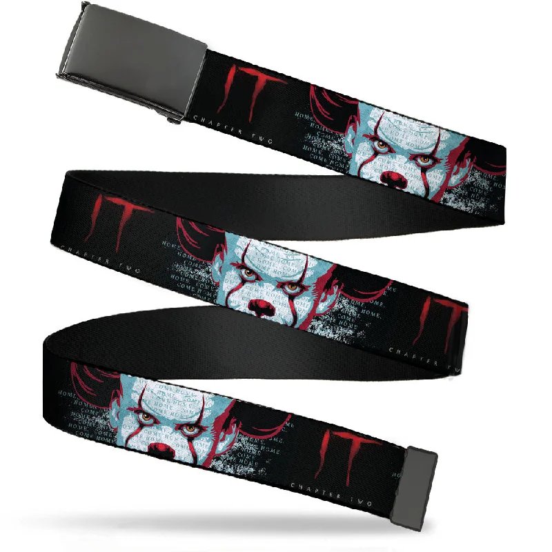 Black Buckle Web Belt - IT CHAPTER TWO Pennywise Face CLOSE-UP Black/Red/Blues Webbing