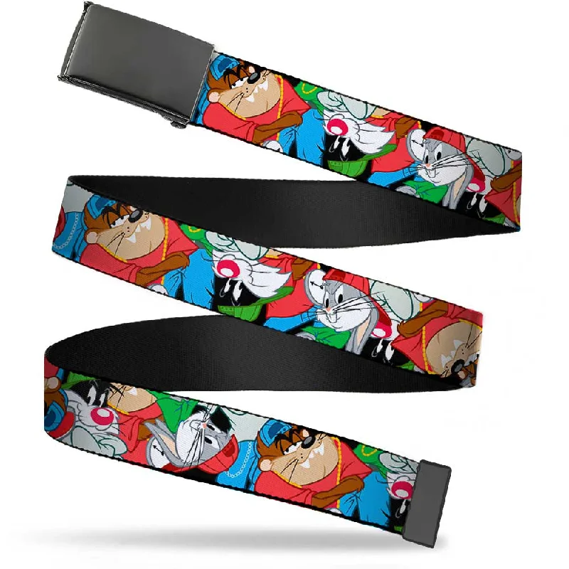 Black Buckle Web Belt - Looney Tunes 3-B-Boy Stance Character Poses Stacked Webbing