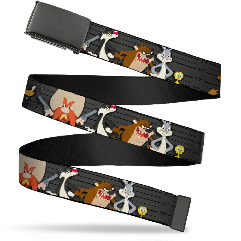 Black Buckle Web Belt - Looney Tunes 6-Character Pose Lineup Gray/Black Webbing