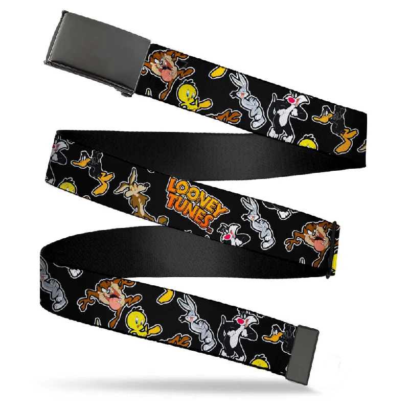 Black Buckle Web Belt - LOONEY TUNES 6-Character Poses/Logo Scattered Black Webbing