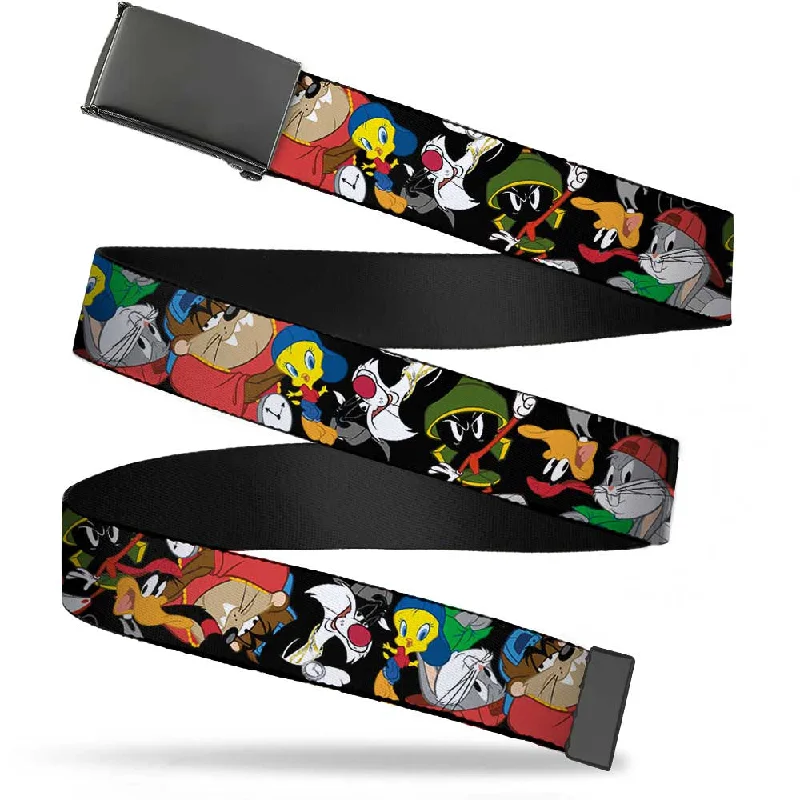 Black Buckle Web Belt - Looney Tunes 6-Hip Hop Character Poses Scattered Black Webbing