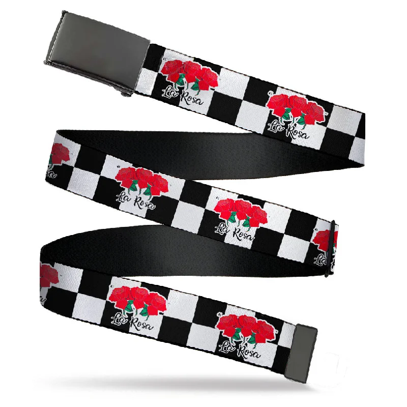 Black Buckle Web Belt - Loteria LA ROSA Rose Checker Black/White Webbing