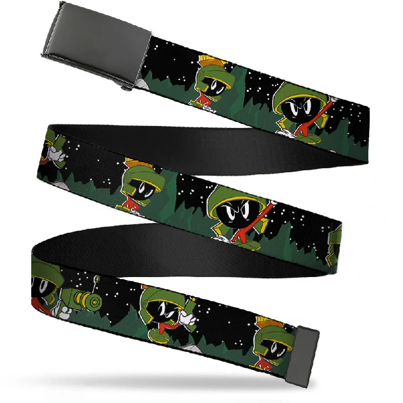 Black Buckle Web Belt - Marvin the Martian 4-Poses Mars Landscape Black/White/Greens Webbing