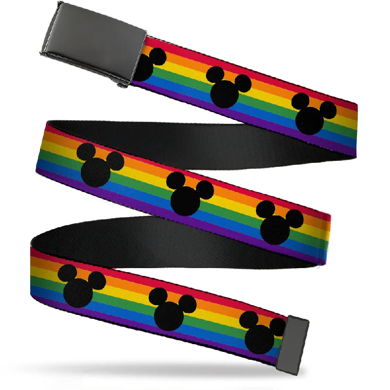 Black Buckle Web Belt - Mickey Mouse Ears Icon Rainbow Pride Flag Webbing