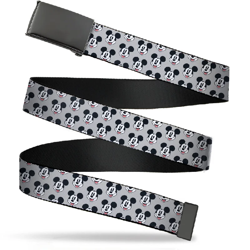 Black Buckle Web Belt - Mickey Mouse Smiling Face Monogram Gray Webbing