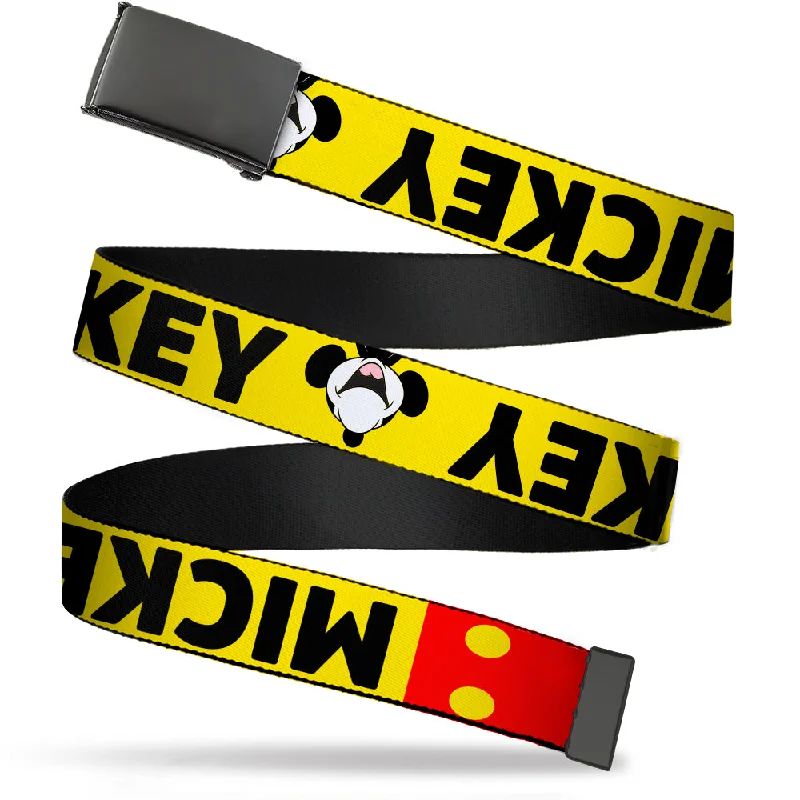 Black Buckle Web Belt - MICKEY Smiling Up Pose Flip/Buttons Yellow/Black/Red Webbing