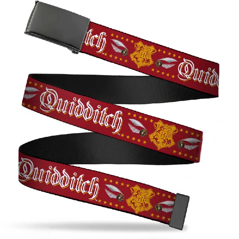 Black Buckle Web Belt - QUIDDITCH Hogwarts Crest/Quidditch Balls/Stars Red/Gold/White Webbing