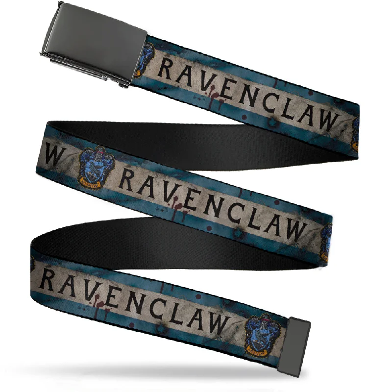 Black Buckle Web Belt - RAVENCLAW Crest/Banner Weathered Blue/Gray Webbing