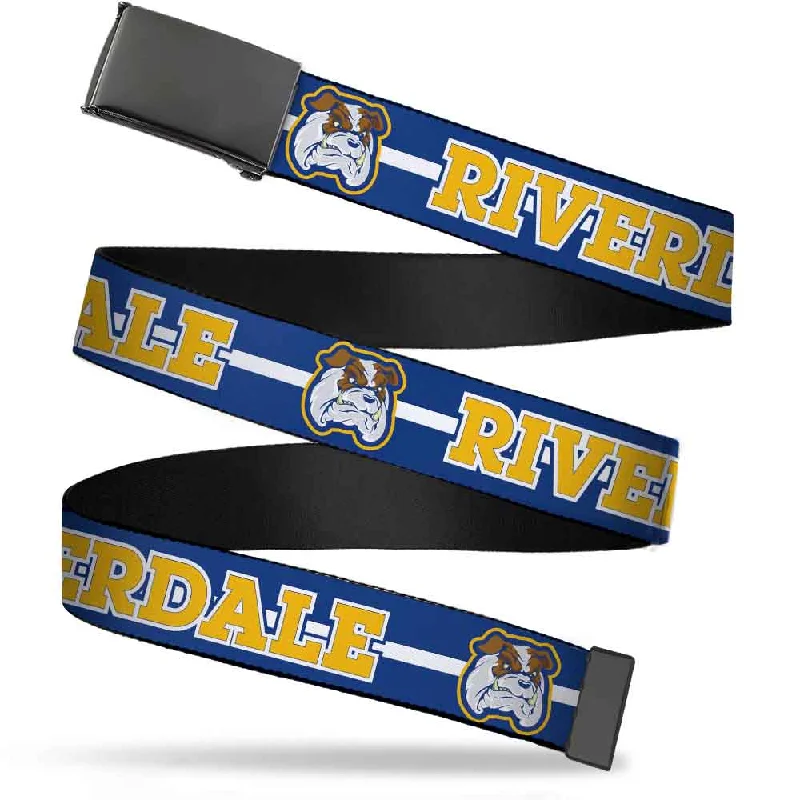 Black Buckle Web Belt - RIVERDALE/Bulldog Mascot Stripe Blue/White/Yellow Webbing