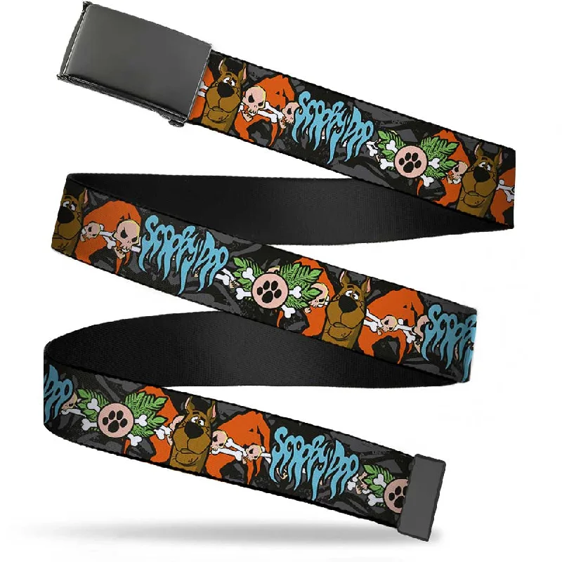 Black Buckle Web Belt - SCOOBY DOO Face/Paw & Crossbones Gray/Black/Orange/Blue Webbing