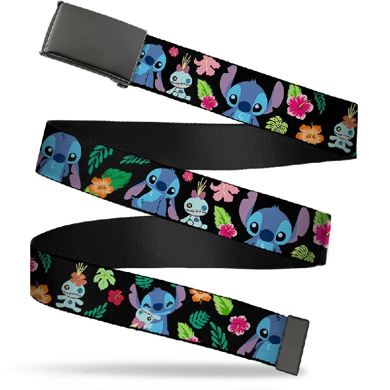 Black Buckle Web Belt - Stitch & Scrump Poses/Tropical Flora2 Webbing