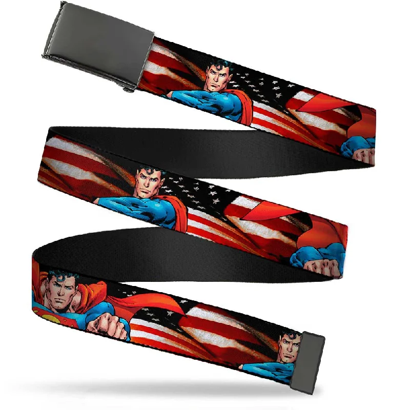 Black Buckle Web Belt - Superman Poses/American Flag Webbing