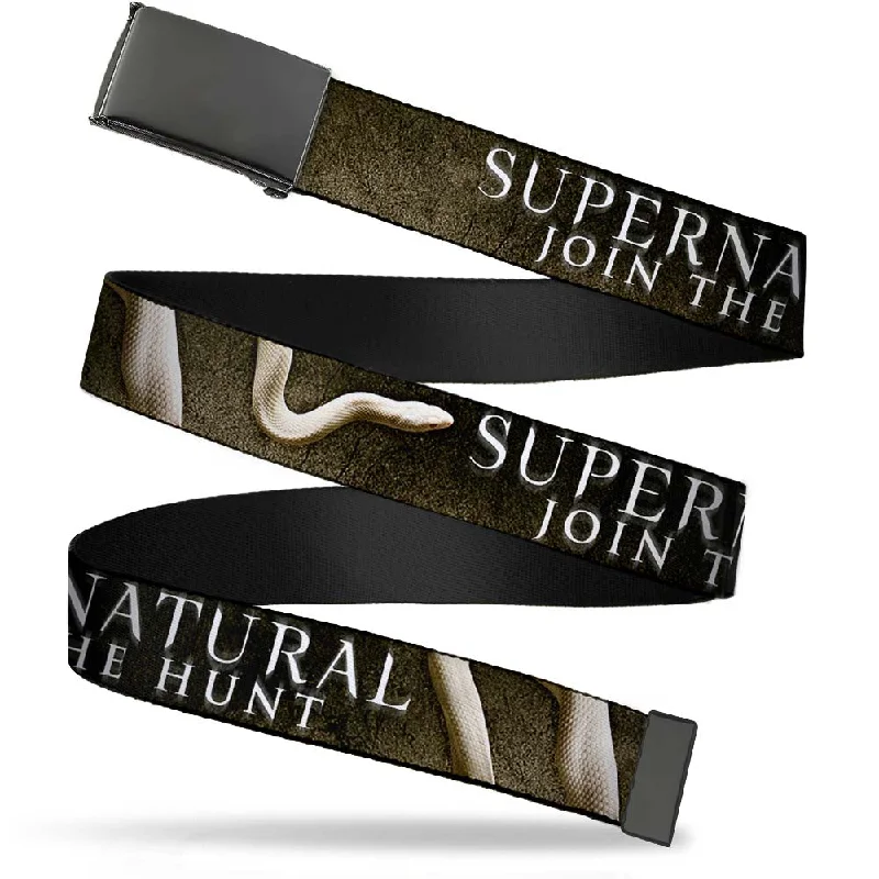 Black Buckle Web Belt - SUPERNATURAL-JOIN THE HUNT/White Snake Webbing