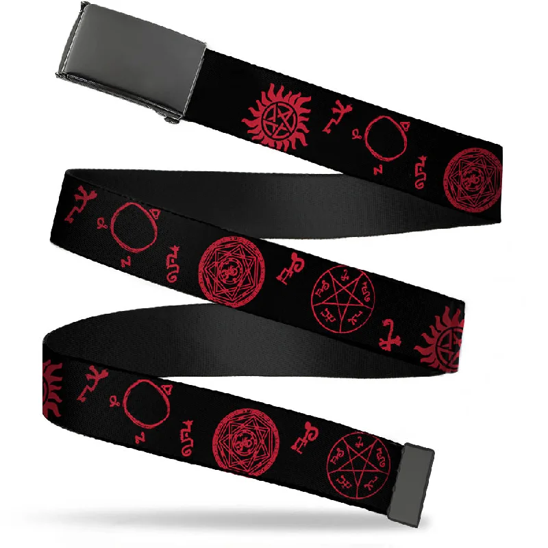 Black Buckle Web Belt - Supernatural Symbols Scattered Black/Red Webbing