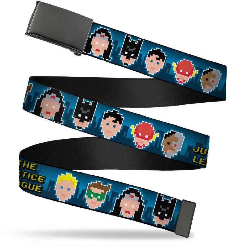 Black Buckle Web Belt - THE JUSTICE LEAGUE 1-Bit 7-Superhero Faces Blues Webbing