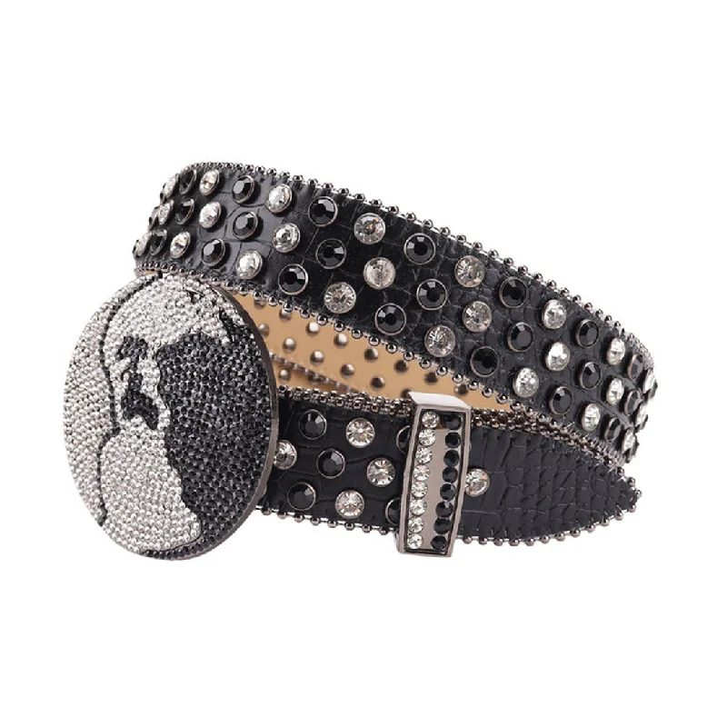 Black Strap Earth World Buckle Belt With Silver & Black Studded Rhinestone