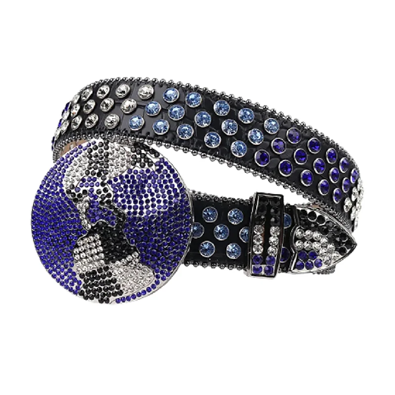 Black Strap Globe Buckle With Purple & Blue Crystal Studded Rhinestone Belt