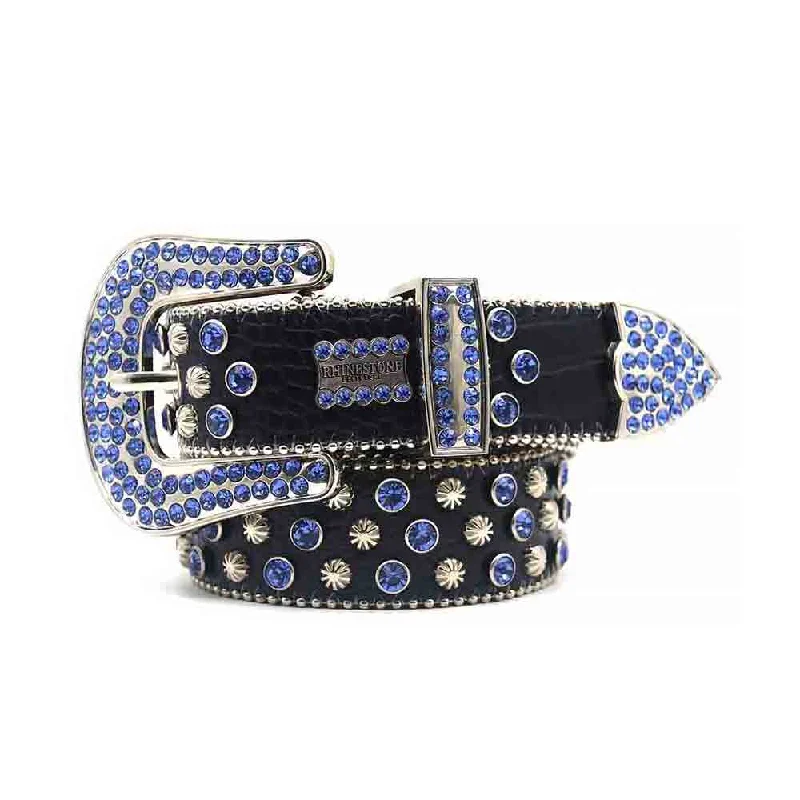 Black Strap With Blue Diamond Silver Studded Rhinestone Belt