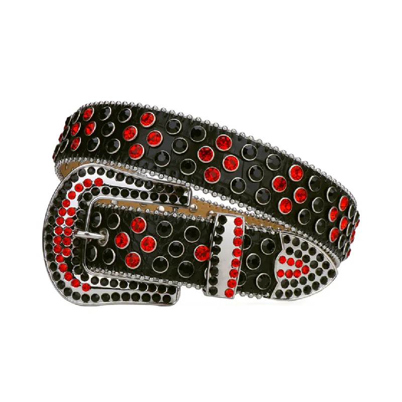 Black Strap With Red & Black Shiny Rhinestone Belt