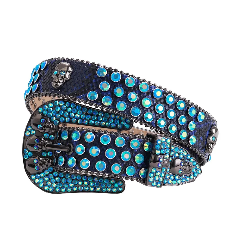 Blue Strap Skull Buckle With Studded Blue Rhinestone Belt