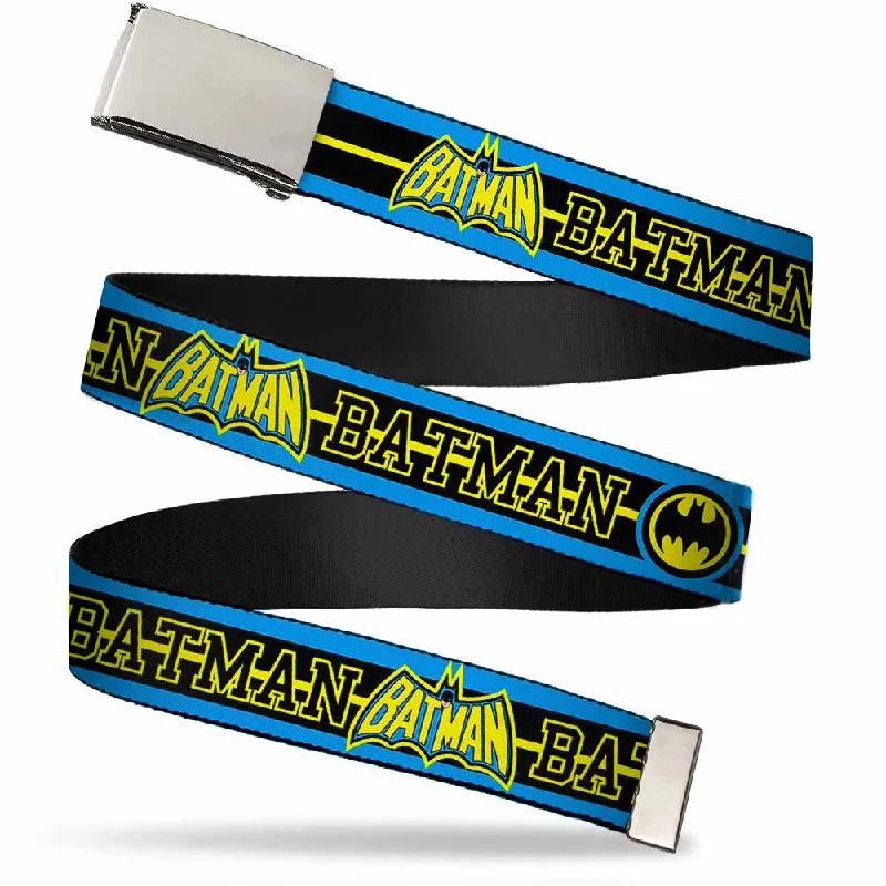 Chrome Buckle Web Belt - BATMAN/Retro Logos Stripe Blue/Black/Yellow Webbing