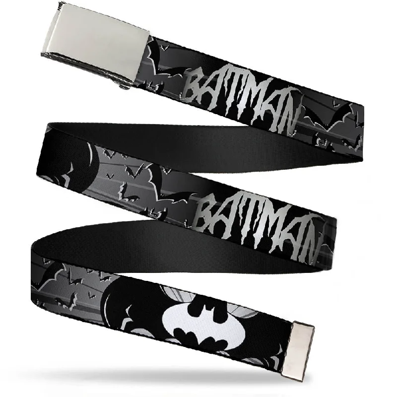 Chrome Buckle Web Belt - BATMAN w/Bat Signals & Flying Bats Black/White Webbing