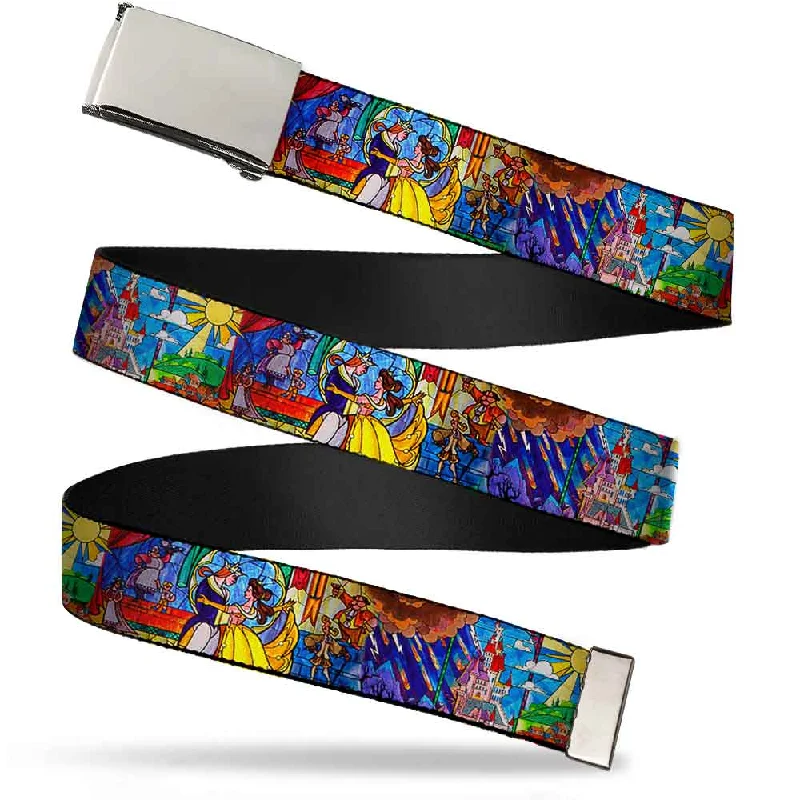 Chrome Buckle Web Belt - Beauty & the Beast Stained Glass Scenes Webbing