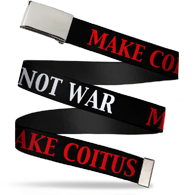 Chrome Buckle Web Belt - Big Bang Theory MAKE COITUS/Atom/NOT WAR Black/Red/White Webbing