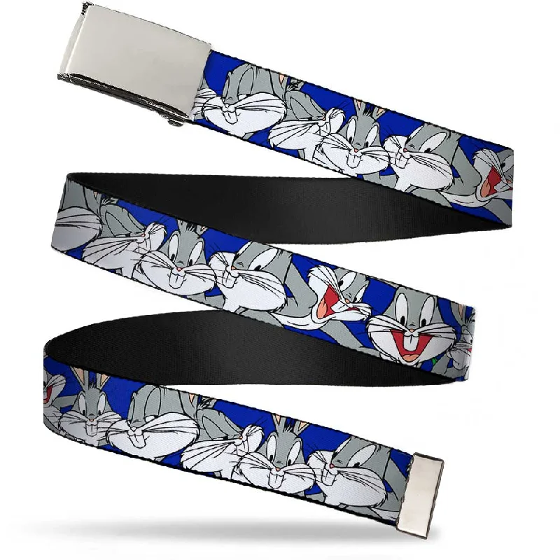 Chrome Buckle Web Belt - Bugs Bunny CLOSE-UP Poses Blue Webbing