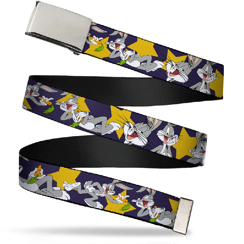 Chrome Buckle Web Belt - Bugs Bunny Poses/Stars Navy Webbing