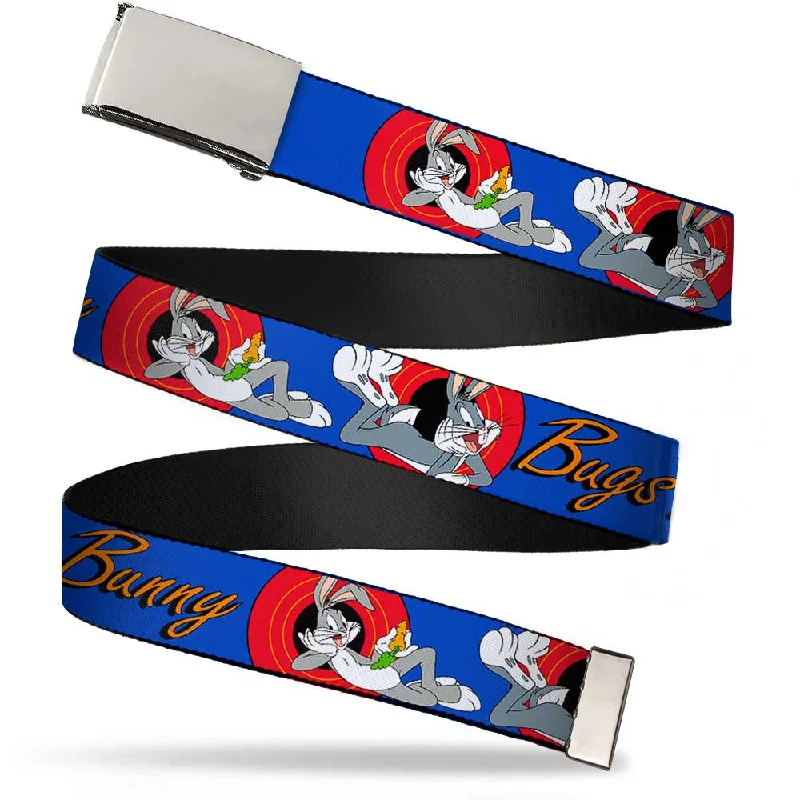 Chrome Buckle Web Belt - BUGS BUNNY w/Bugs Poses Blue Webbing