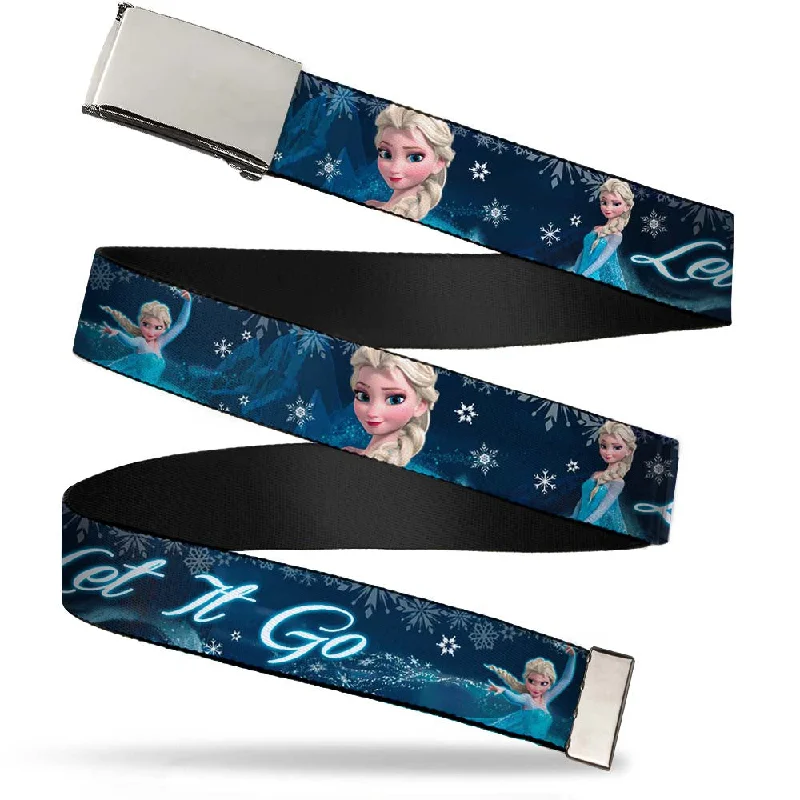 Chrome Buckle Web Belt - Elsa the Snow Queen Poses/Snowflakes LET IT GO Blues/White Webbing