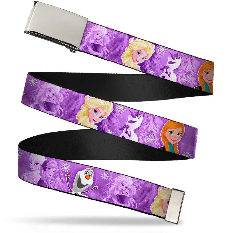 Chrome Buckle Web Belt - Frozen Anna/Elsa/Olaf Poses/Scenes Purples Webbing