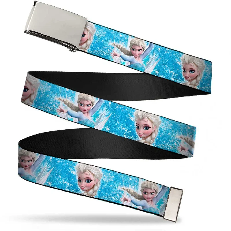 Chrome Buckle Web Belt - Frozen Elsa Face/Action Pose/Snowflakes Blues/White Webbing