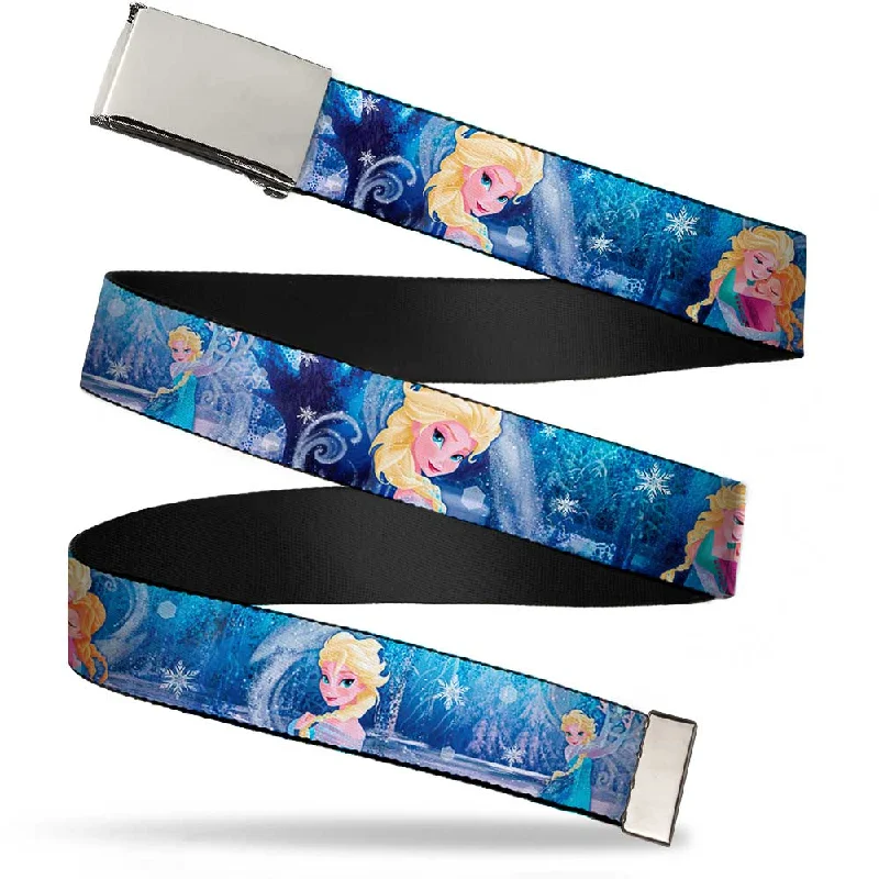 Chrome Buckle Web Belt - Frozen Elsa the Snow Queen Poses/Snowflakes Webbing