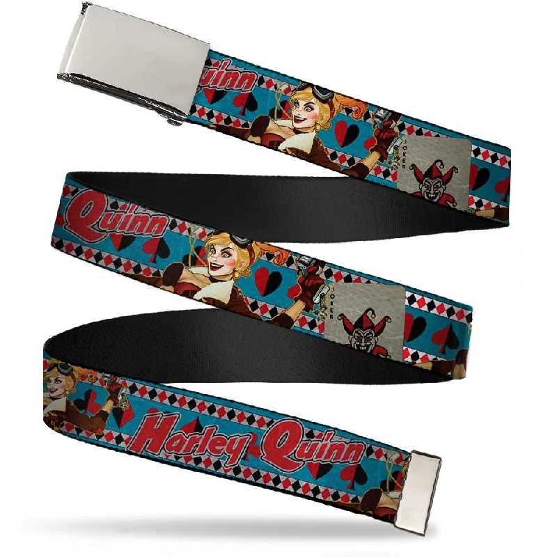 Chrome Buckle Web Belt - Harley Quinn Bombshell Pin-Up Pose/Joker Card/Suits Blue/White/Red/Black Webbing