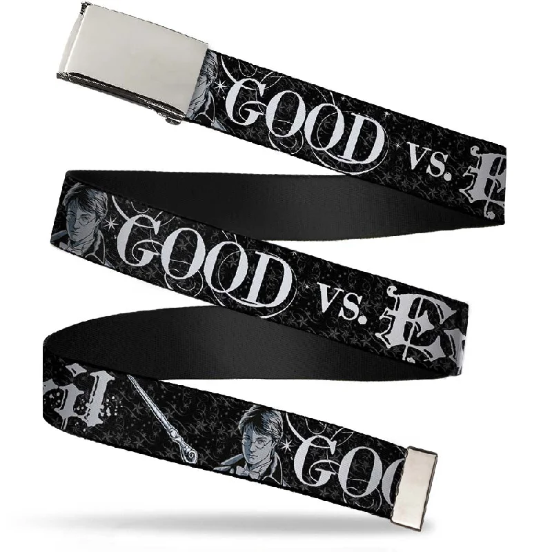 Chrome Buckle Web Belt - Harry Potter GOOD VS. EVIL Black/White Webbing