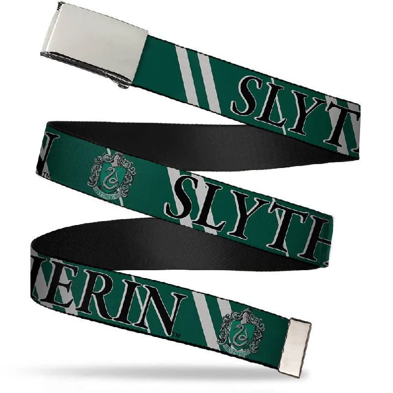 Chrome Buckle Web Belt - Harry Potter SLYTHERIN Stripe Green/Gray Webbing