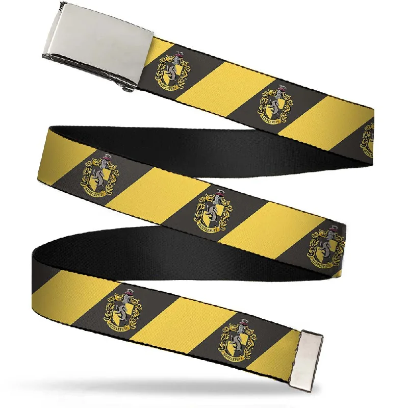 Chrome Buckle Web Belt - HUFFLEPUFF Crest Diagonal Stripe Charcoal Gray/Yellow Webbing