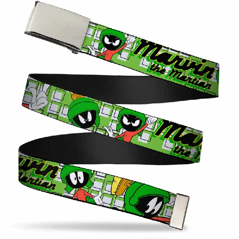 Chrome Buckle Web Belt - MARVIN THE MARTIAN w/Poses White/Green Webbing